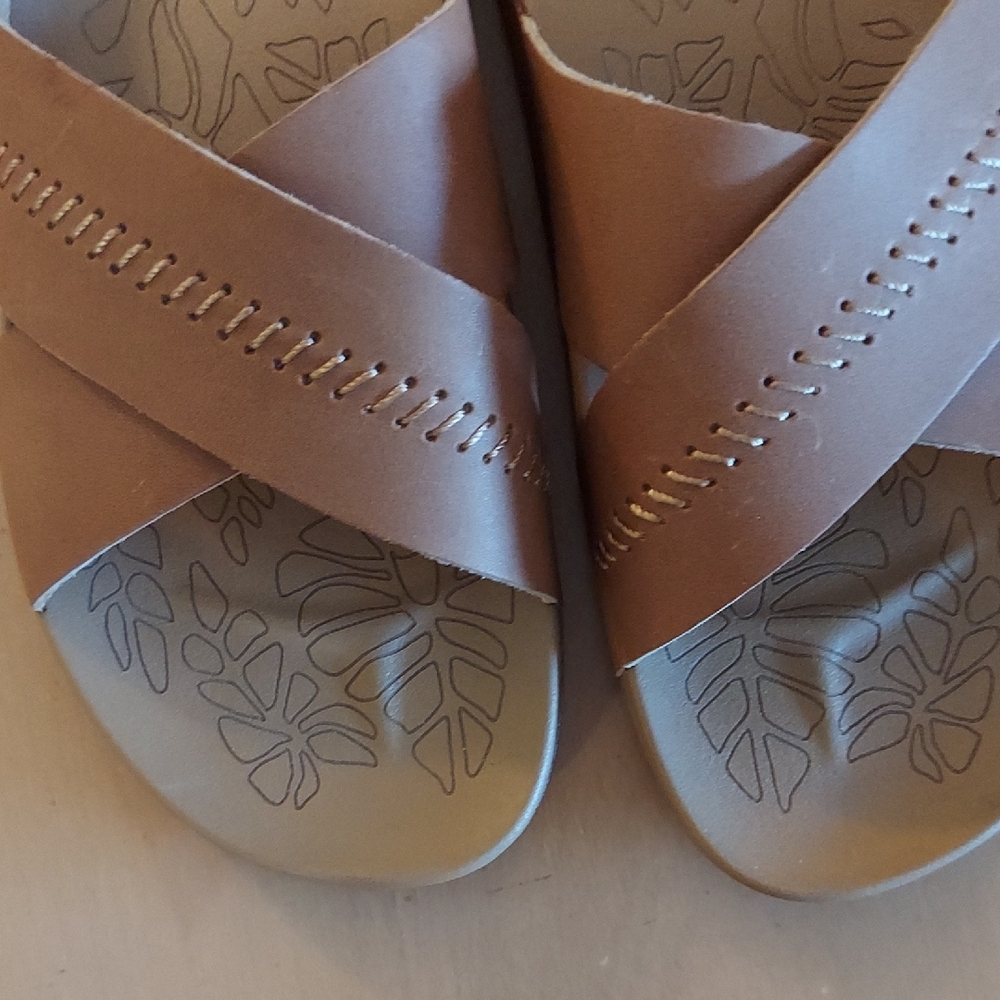 OluKai Tan Leather Cross-Strap Slide Sandals - Picture 10 of 11